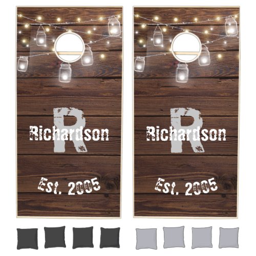 Rustic Family Monogram Wood String Lights Custom Cornhole Set