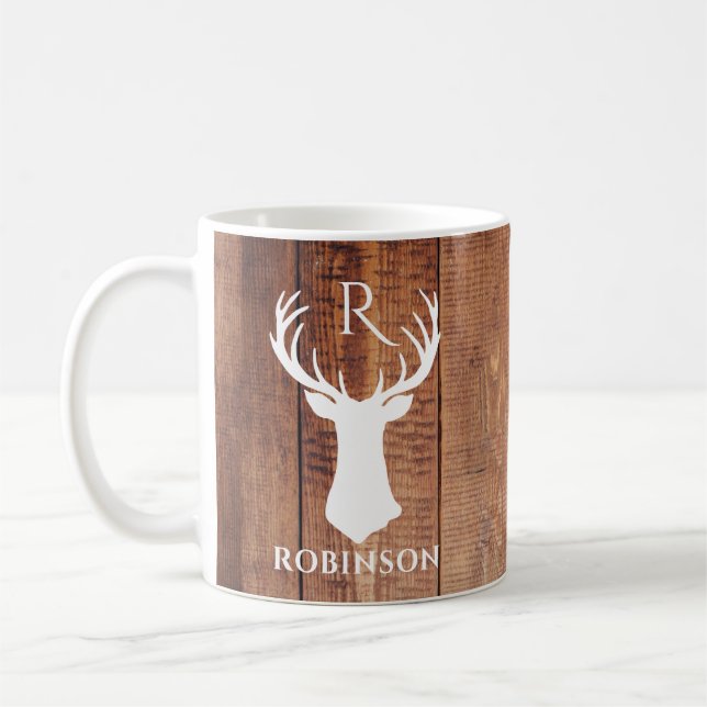 Rustic Family Monogram Wood Style Deer Antler Coffee Mug (Left)