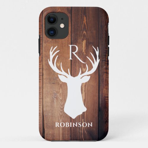 Rustic Family Monogram Wood Styled Deer Antler iPhone 11 Case