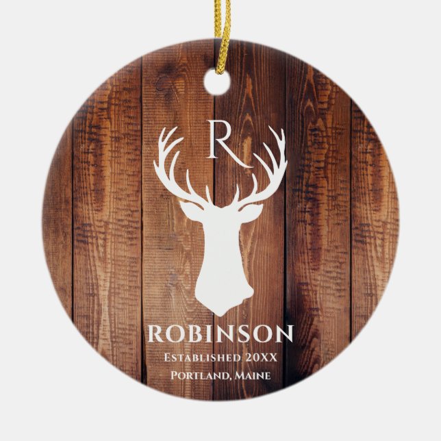 Rustic Family Monogram Wood Styled Deer Antler  Ceramic Ornament (Front)