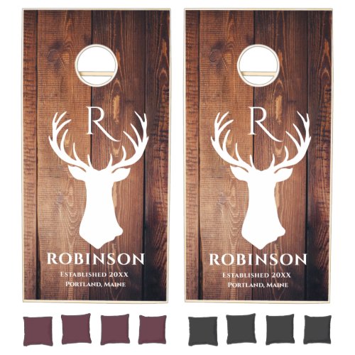 Rustic Family Monogram Wood Styled Deer Antler Cornhole Set