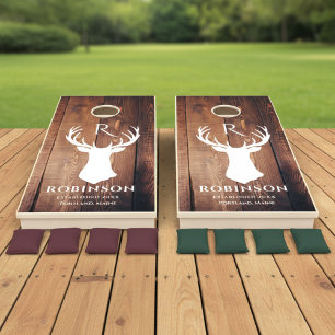 Rustic Family Monogram Wood Styled Deer Antler Cornhole Set