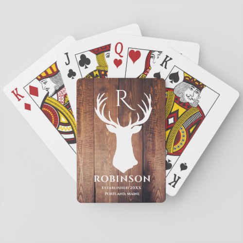 Rustic Family Monogram Wood Styled Deer Antler Poker Cards