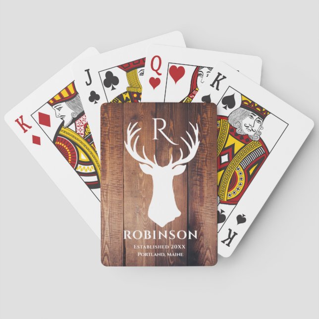 Rustic Family Monogram Wood Styled Deer Antler Poker Cards (Back)