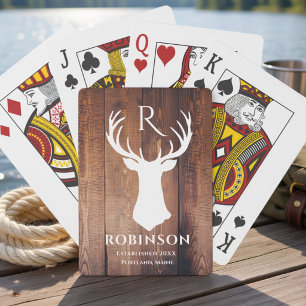 Rustic Family Monogram Wood Styled Deer Antler Poker Cards