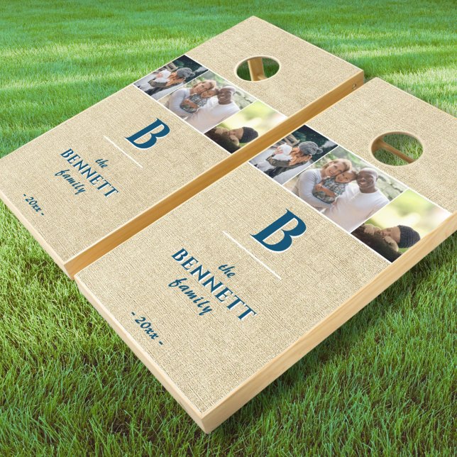 Rustic Family Name 3 Photo Collage Cornhole Set (Creator Uploaded)