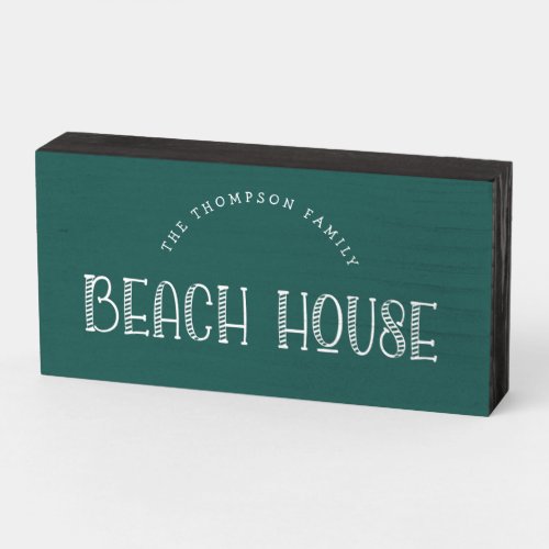 Rustic Family Name Beach House Typographical Teal Wooden Box Sign