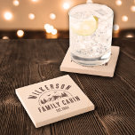 Rustic Family Name Cabin Cottage Lodge Lake House Stone Coaster<br><div class="desc">Rustic modern stone coasters with a trendy forest mountain range design with pine trees,  woods and birds surrounded by your custom family name,  a personalizable name of your cottage,  cabin,  lake house or any other,  as well as the year established.</div>
