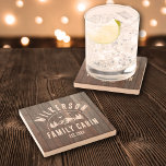 Rustic Family Name Cabin Cottage Lodge Lake House Stone Coaster<br><div class="desc">Rustic modern stone coasters with a trendy forest mountain range design with pine trees,  woods and birds surrounded by your custom family name on printed dark wood background,  a personalizable name of your cottage,  cabin,  lake house or any other,  as well as the year established.</div>