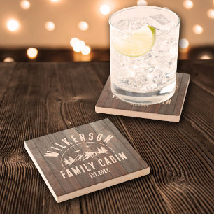 Rustic Family Name Cabin Cottage Lodge Lake House Stone Coaster