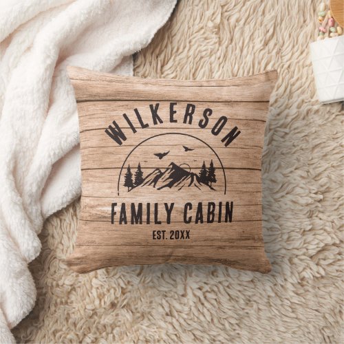 Rustic Family Name Cabin Cottage Lodge Retro Throw Pillow