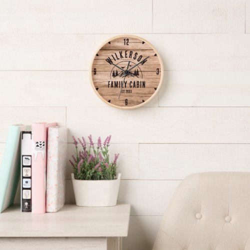 Rustic Family Name Cabin Cottage Lodge Retro Wood Clock