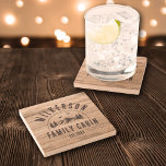 Rustic Family Name Cabin Cottage Lodge Retro Wood Stone Coaster<br><div class="desc">Rustic modern stone coasters with a trendy forest mountain range design with pine trees,  woods and birds surrounded by your custom family name on printed wood panel background,  a personalizable name of your cottage,  cabin,  lake house or any other,  as well as the year established.</div>