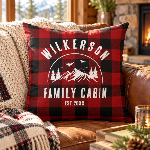 Rustic Family Name Cabin Cottage Red Buffalo Plaid Throw Pillow
