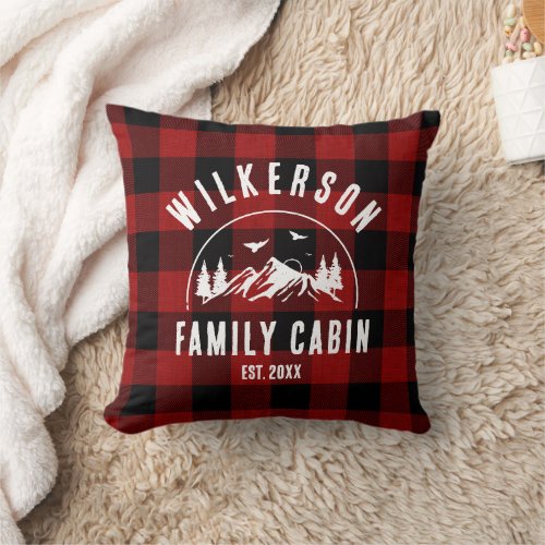 Rustic Family Name Cabin Cottage Red Buffalo Plaid Throw Pillow