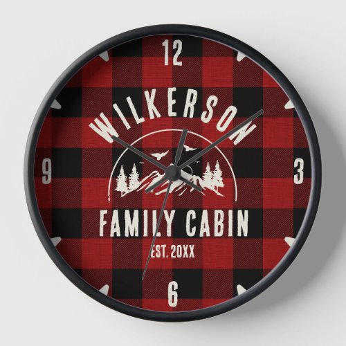 Rustic Family Name Cabin Cottage Retro Red Plaid Clock