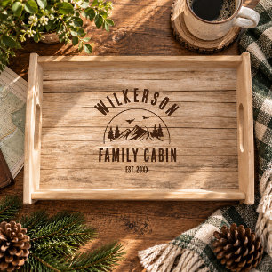 Rustic Family Name Cabin Cottage Retro Wood Serving Tray