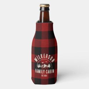 Rustic Family Name Cabin Lake House Red Plaid Bottle Cooler