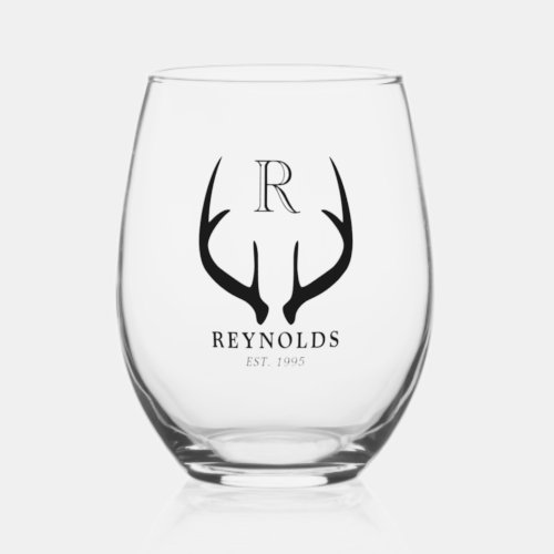 Rustic Family Name Deer Antlers Stemless Wine Glass