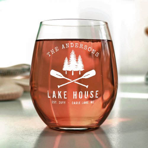 Rustic Family Name Lake House Boat Oars Trees Stemless Wine Glass