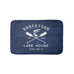Rustic Family Name Lake House Navy Blue Wood Bath Mat