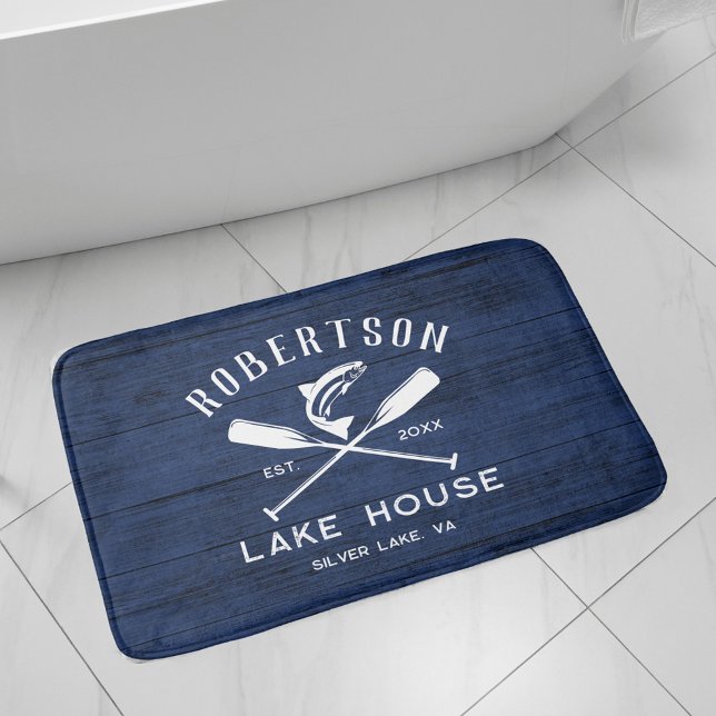 Rustic Family Name Lake House Navy Blue Wood Bath Mat (Creator Uploaded)