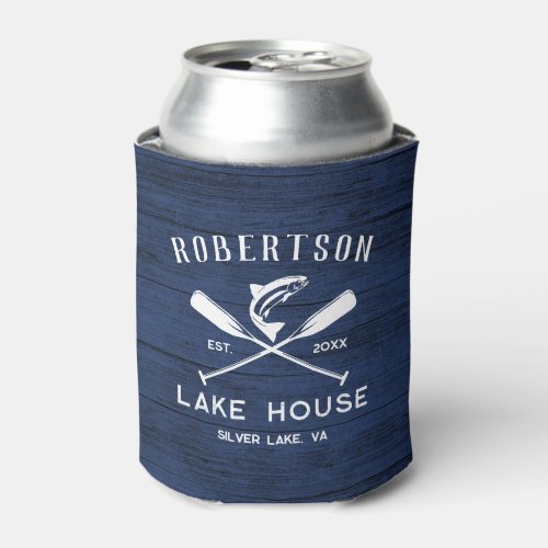 Rustic Family Name Lake House Navy Blue Wood Can Cooler