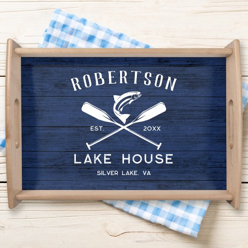 Rustic Family Name Lake House Navy Blue Wood Serving Tray