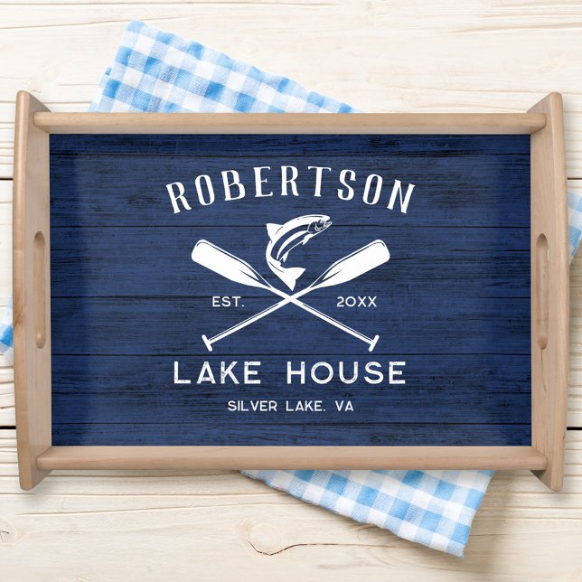 Rustic Family Name Lake House Navy Blue Wood Serving Tray (Creator Uploaded)