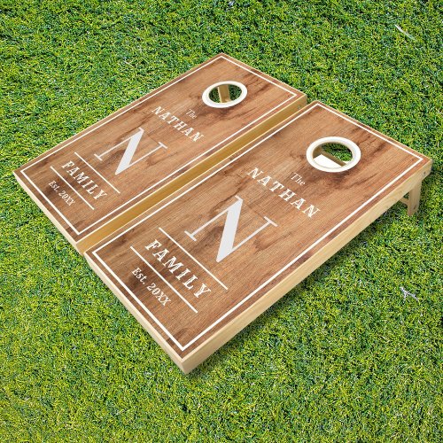 Rustic Family Name Monogram Brown Wood Cornhole Set