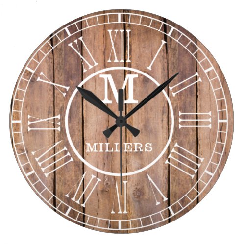 Rustic Family Name Monogram Brown Wood Large Clock