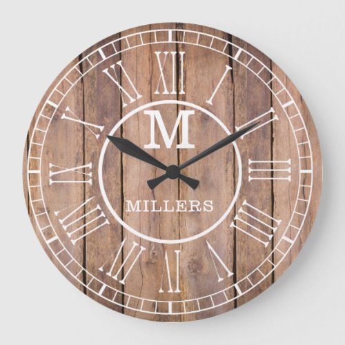 Rustic Family Name Monogram Brown Wood Large Clock