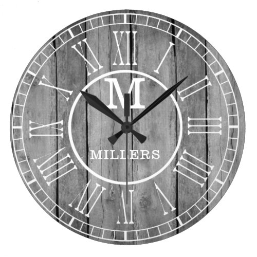 Rustic Family Name Monogram Gray Wood Large Clock