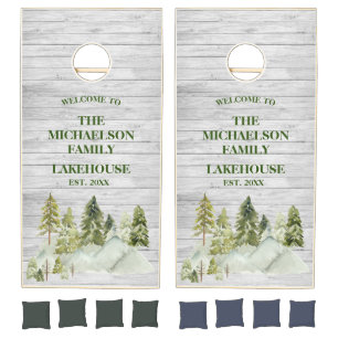 Rustic Family Name Monogram Lake House Cornhole Set