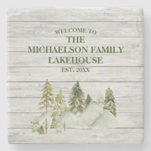 Rustic Family Name Monogram Lake House Stone Coaster