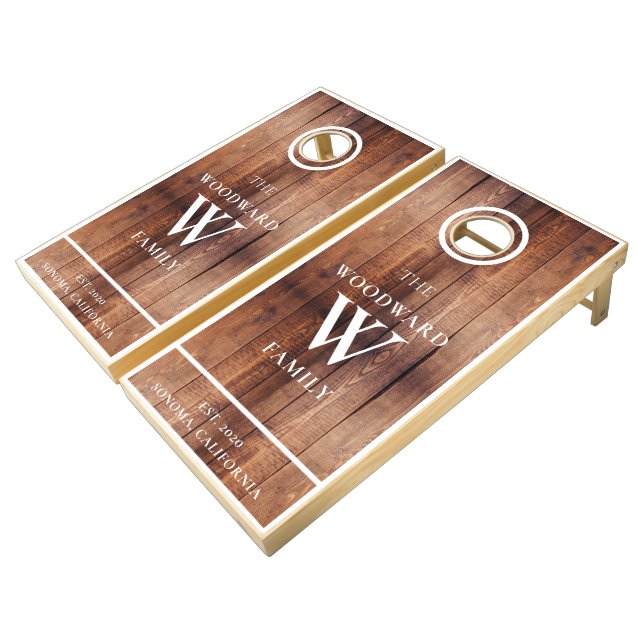 Rustic Family Name Monogram Wood Cornhole Set (Angled)