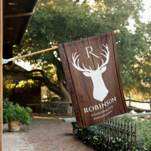 Rustic Family Name Monogram Wood Deer Antler House Flag
