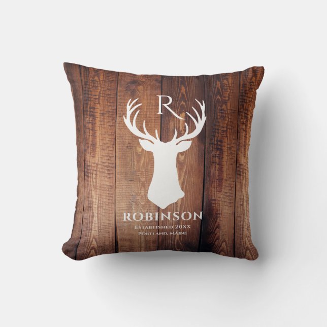 Rustic Family Name Monogram Wood Deer Antler Throw Pillow (Front)