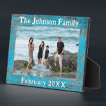 Rustic Family Name Photo Blue Wood Frame<br><div class="desc">Your mother will love this beachy photo frame by JessicaAmber. This plaque features a faux distressed wood border, in light blue. Add a photo of your family to cherish a particular vacation or event. Edit the text at top and bottom for the location, year, or people in the picture. All...</div>