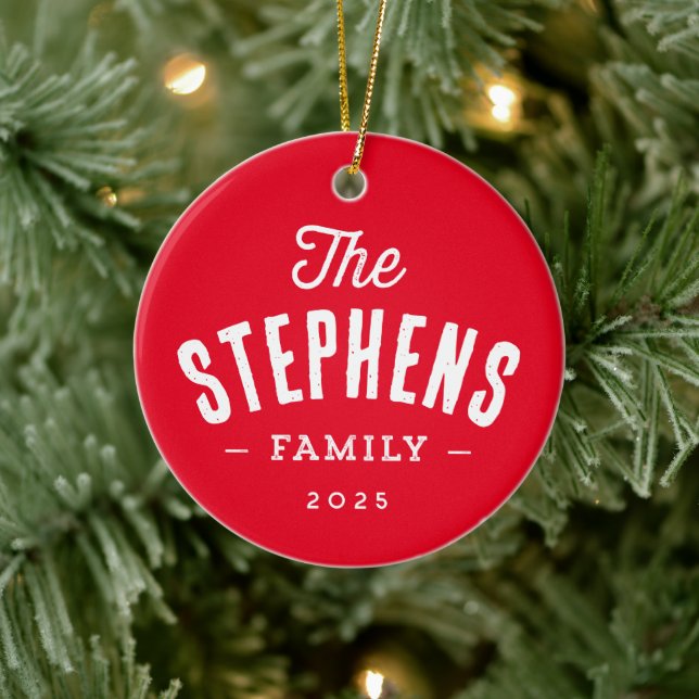 Rustic family name simple one photo red Christmas Ceramic Ornament (Tree)