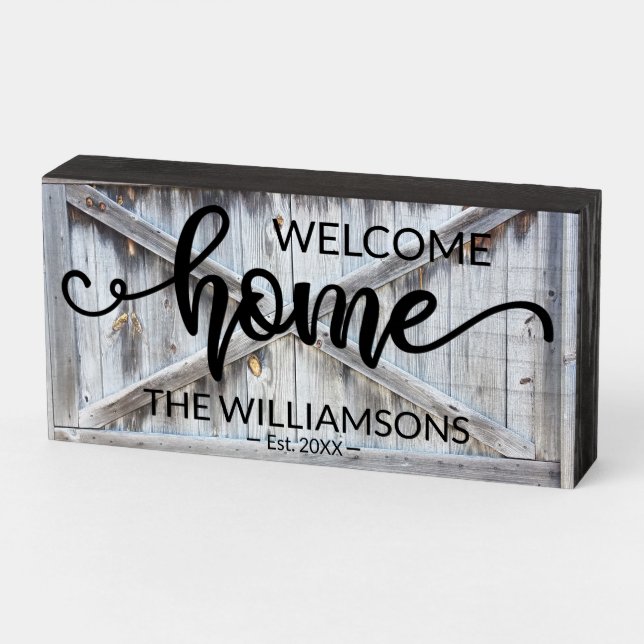 Rustic Family Name Welcome Home Personalized Wood Wooden Box Sign (Angled Horizontal)
