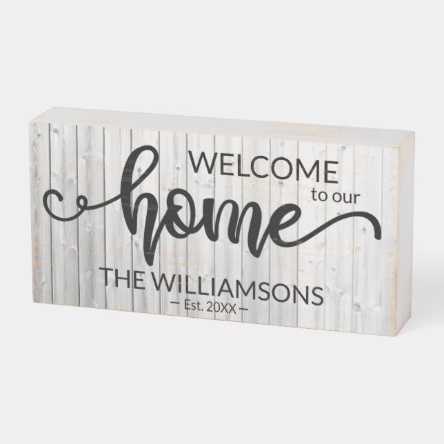 Rustic Family Name Welcome Home Personalized Wood Wooden Box Sign (Angled Horizontal)