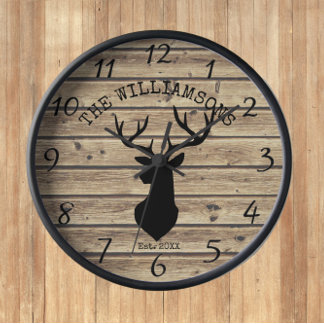 Rustic Family Name Wood Cabin Deer Buck Large Cloc Clock