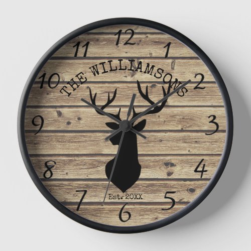 Rustic Family Name Wood Cabin Deer Buck Large Cloc Clock