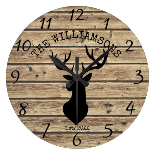 Rustic Family Name Wood Cabin Deer Buck Large Cloc Large Clock
