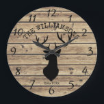 Rustic Family Name Wood Cabin Deer Buck Large Cloc Large Clock<br><div class="desc">Beautiful, unique, one-of-a-kind personalized design features a faux-rustic wooden barndoor background with a big buck with antlers and your own personalized family name in a bold font and year established. Personalize this clock by adding your own personal information. Makes a great wedding, anniversary, or housewarming gift. Click "personalize this template"...</div>