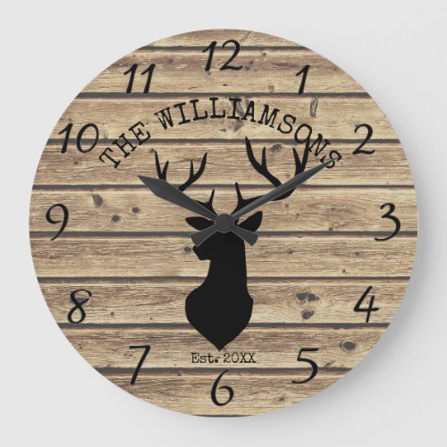 Rustic Family Name Wood Cabin Deer Buck Large Cloc Large Clock