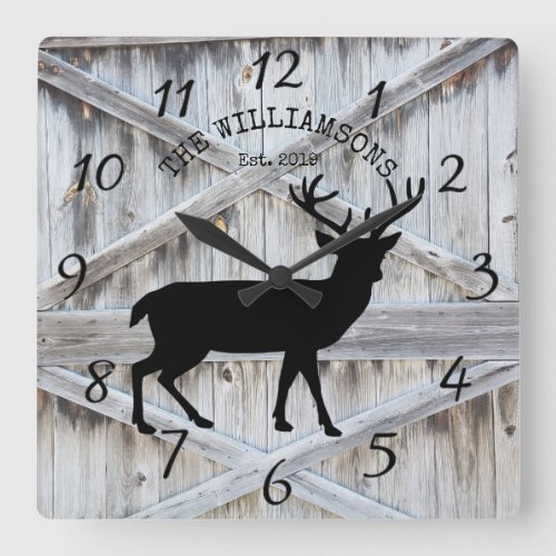 Rustic Family Name Wood Cabin Deer Buck Large Cloc Square Wall Clock