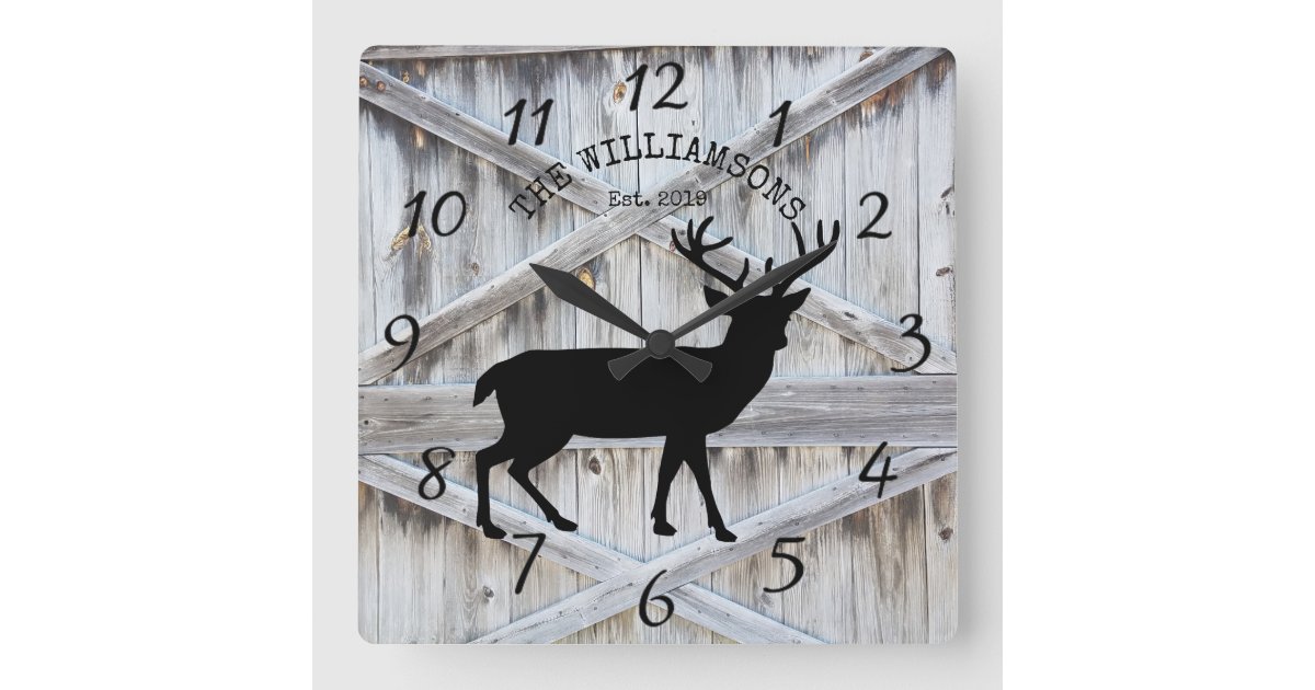 Rustic Family Name Wood Cabin Deer Buck Large Cloc Square Wall Clock ...