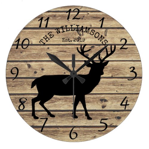 Rustic Family Name Wood Cabin Deer Buck Large Clock